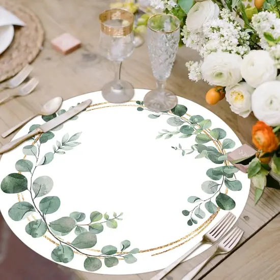 Paper Placemats Disposable 100 Pack Green Eucalyptus Leaves Wedding Disposable Placemats 13.7 Inch Spring Wedding Round Table Mats for Birthday Wedding Baby Shower Party Dining Decoration {4}