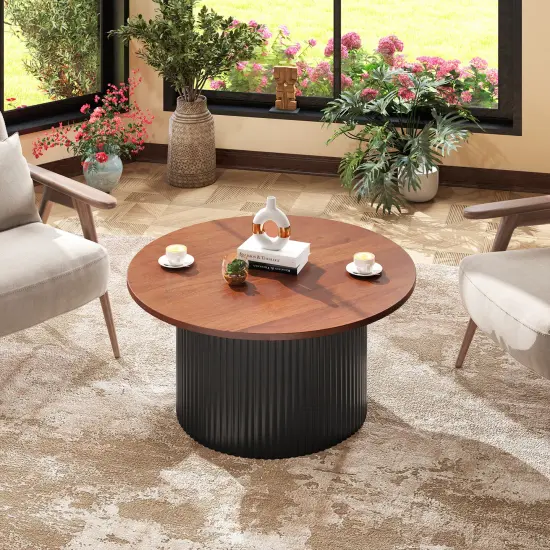 Walnut Solid Wood Round Coffee Table with Wave Support {6}