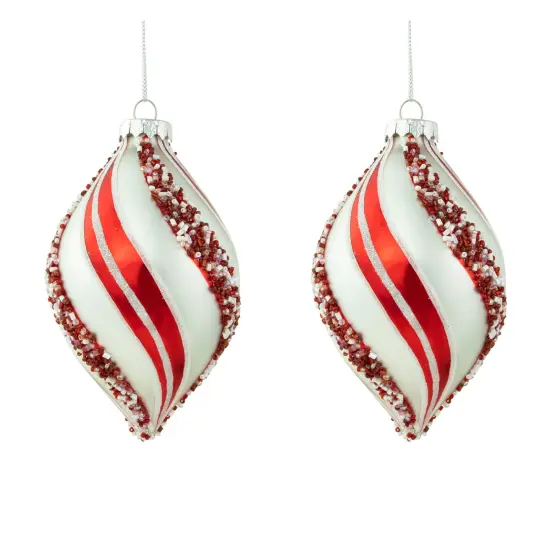 Northlight Set of 2 White and Red Glitter and Beads Striped Finial Glass Christmas Ornaments 5.5" {1}