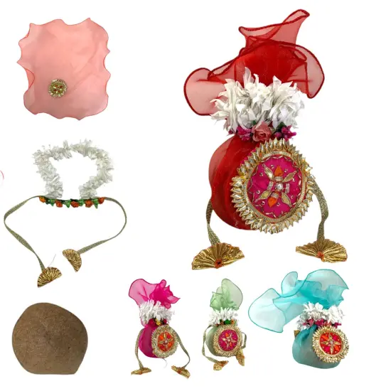 Decorative Dried Coconut Cover Traditional Nariyal Fabric Cloth with Golden Ribbon for Ganesh Pooja, Wedding, Gruh Pravesh Temple Pooja Decor Housewarming Gift Blue {3}