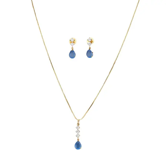 Cz Classic Pendant Set with Gold Plating Jewelry Traditional Jewelry Matte Gold Necklace South Indian Jewelry Adjustable Slider Pendant Necklace for Women Bridal Wedding Jewelry Light Blue {1}