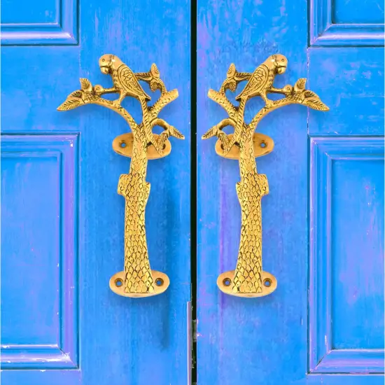 Parrot on the Tree Door Pull Handles Unique Brass 8 Inches Pair of 2 Pull Knobs Antique Design Handles for Drawer, Shelf, Cabinet, Wardrobe, Almirah Housewarming Gift {1}