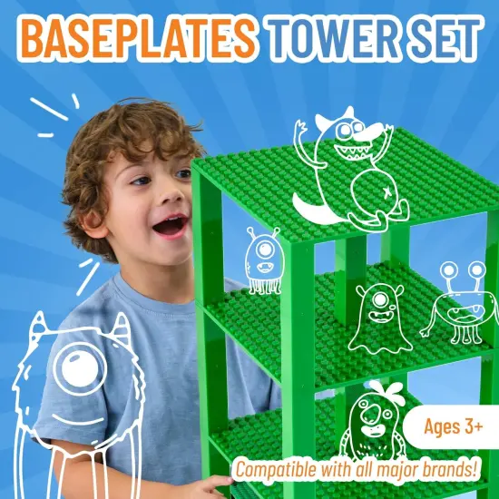 Strictly Briks Classic Stackable Baseplates, Building Bricks For Towers, Shelves, and More, 100% Compatible with All Major Brands, Green, 4 Base Plates & 30 Stackers, 6x6 Inches, Ages 3-14 {2}