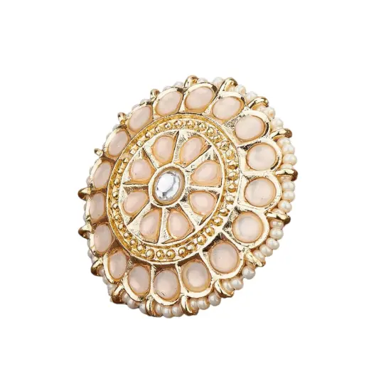 Kundan Pearl Ring with Gold Plating Vintage Round Statement Ring for Women Boho Open Wrap Finger Rings Adjustable Indian Bollywood Jewelry Hand Accessories for Wedding Party Gift Pink {6}