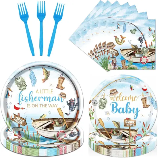 96 Pcs Fishing Baby Shower Tableware Set &ndash; Fish Theme Plates & Napkins {1}