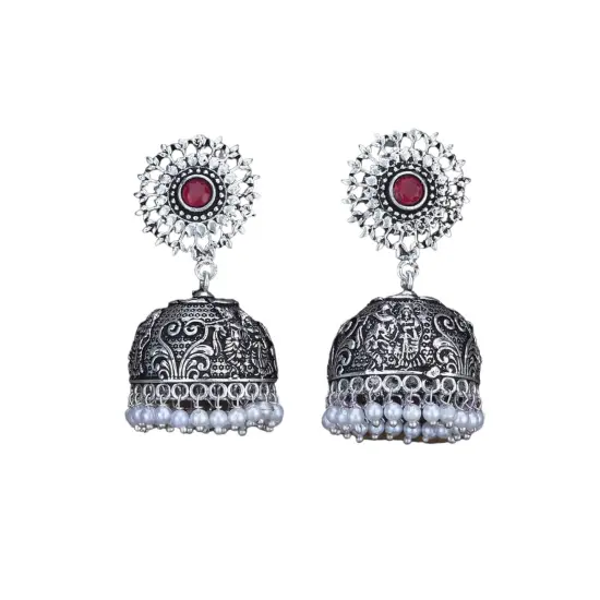 Indian Oxidized Jhumka Earrings for Women - Indian Floral Oxidized Jhumki Ethnic Chandbali Earrings Faux Pearls with Oxidized Platting Bollywood Style Dangle Earring Jewelry for Bride BLACK {6}