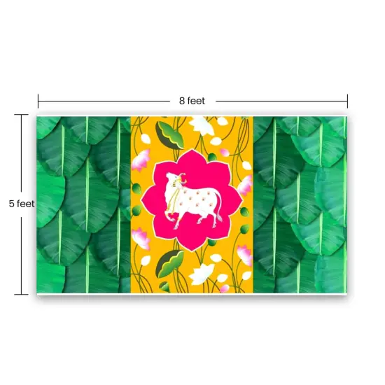 Pichwai Cow Print Backdrop 5x8 Feet Backdrop Indian Traditional Cloth Banana Leaf Decor Indian Pooja Wall Decor Indian Wall Art Photo Decor Banner Decorative Pooja Cloth Wedding Favor {4}