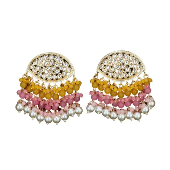Indian Jhumka Earrings for Women - Large Indian Jhumki Ethnic Chandbali Earrings Faux Kundan & Pearl Beaded Bollywood Style Dangle Earring Jewelry for Bride | Birthday Gift for Her YELLOW {1}
