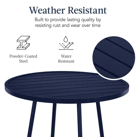 Best Choice Products 3-Piece Steel Patio Bar Height Round Bistro Set w/ Backless Stools, Slatted Design Navy {5}