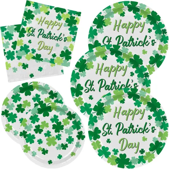 Irish Shamrock Themed Tableware Set, Paper Plates & Napkins for 50, St. Patrick's Day Party Decorations, Disposable, Green, Decorative Plates, Pack {2}
