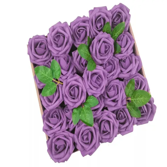 25pcs Artificial Flowers Real Looking Foam Roses Decoration DIY Purple {1}