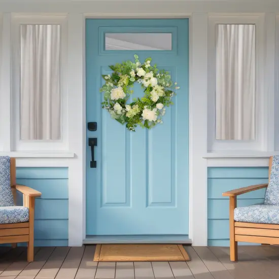 Northlight Hydrangea and Ranunculus Artificial Floral Eucalyptus Wreath - 23" - Cream and Green {4}