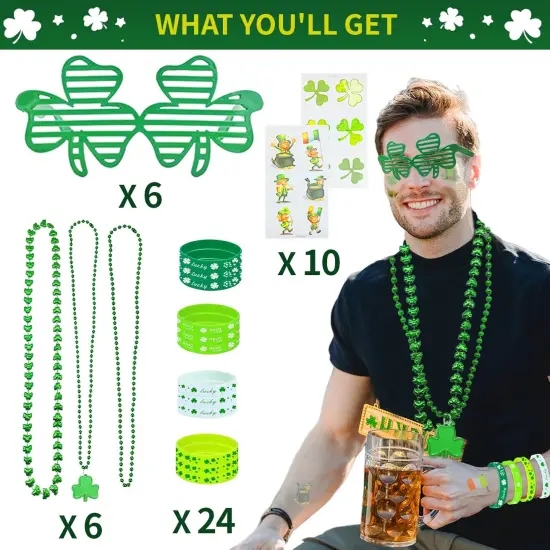 96Pcs St. Patricks Day Party Favors Set Shamrock Glasses Necklaces Bracelets Tattoos St. Patrick's Day Accessories Decorations Supplies {4}