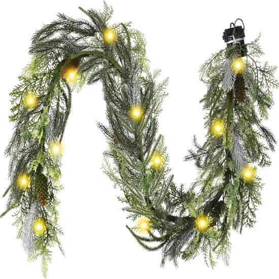 Christmas Garland with Lights, Prelit 6ft Lighted Norfolk Pine Garland, Battery Operated Artificial Greenery Christmas {6}