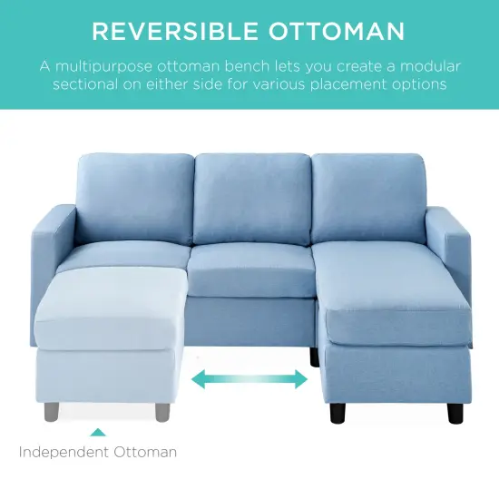 Best Choice Products Linen Sectional Sofa Couch w/ Chaise Lounge, Reversible Ottoman Bench Light Blue {2}