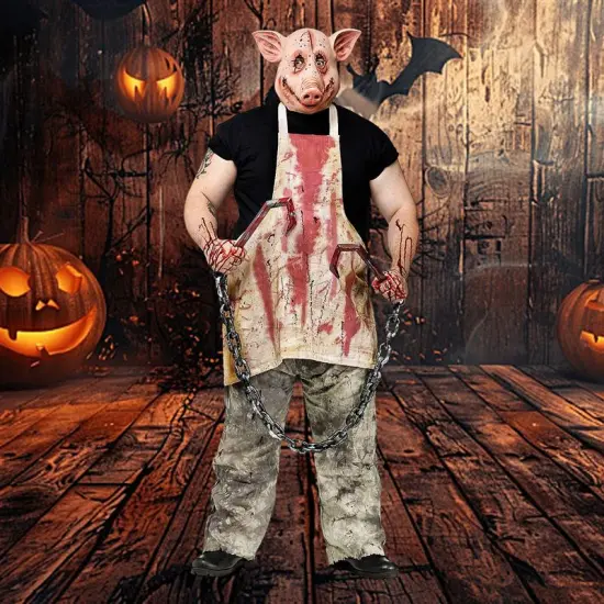 Men&rsquo;s Pig Butcher Costume with Pig Mask and Bloody Apron {5}