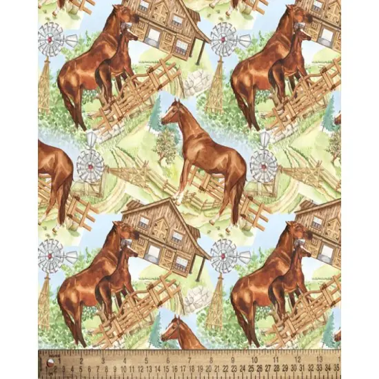 Horses and Barns Farm Cotton Fabric | By the Yard | Sewing and Crafting | 44 inches wide {1}