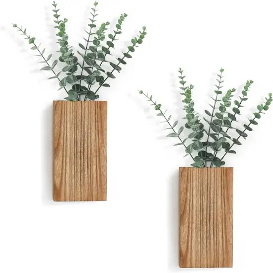 2 Pack Wood Wall Planter Vase with Artificial Eucalyptus Farmhouse Hanging Decor {1}