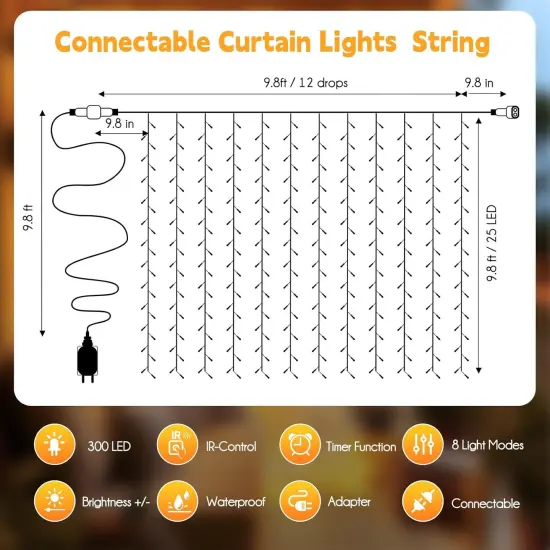 300 LED Curtain String Lights - 9.8 FT (Warm White) {5}