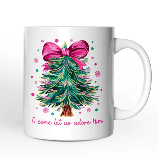 Glitter Christmas Tree Coquette Bow Mug, O Come Let Us Adore Him Holiday Gift {4}