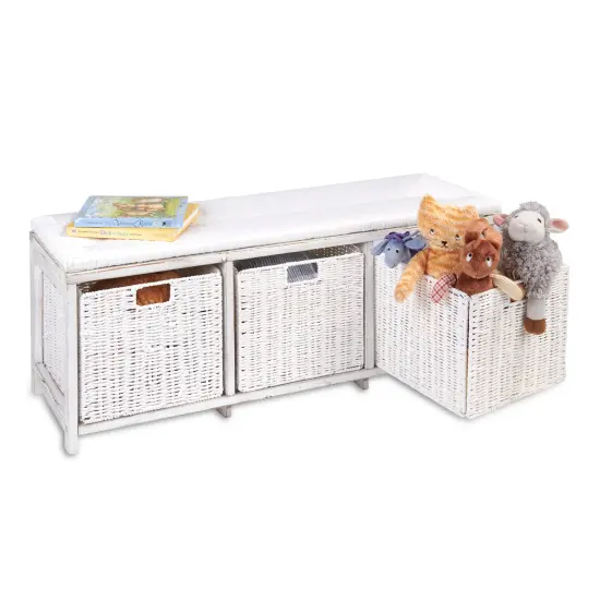 Badger Basket Kid's Storage Bench with Woven Top and Baskets - White {5}