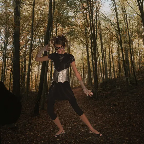 Teen Spider Girl Costume Black Dress With Silver Web And Eye Mask Set {5}