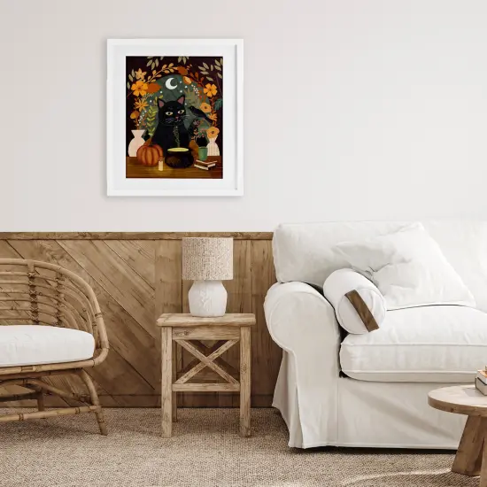 Autumnal Cat & Cauldron Framed Print Under Glass Art Gray {8}