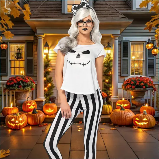 Women's Skeleton Hipster Costume Halloween Modern Skull T-Shirt Striped Leggings Dress Up Set {5}