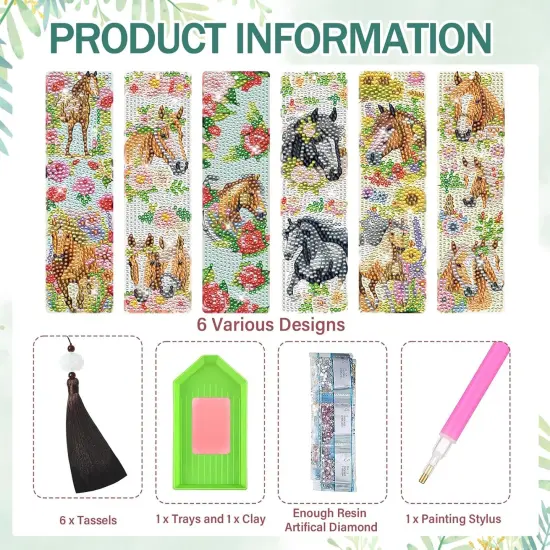 6 PCS Flower Horse Diamond Art Bookmark Set DIY {4}