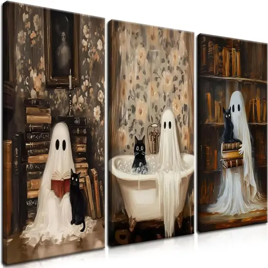 3 Piece Halloween Ghost Canvas Wall Art - 12x16 Inch {1}