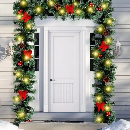 15ft Outdoor Christmas Garland with 100 Warm LED Pre-lit Artificial Christmas Garlands Decor Green Frosted {6}