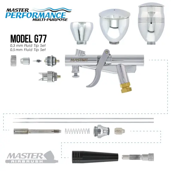 G77 Pistol Trigger Fixed Dual-Action Gravity Feed Airbrush, 2 Nozzle Sets (0.3 & 0.5mm), Spray Gun Fan Head, Round Pattern Head, 3 Cup Sizes, 6' Hose {3}