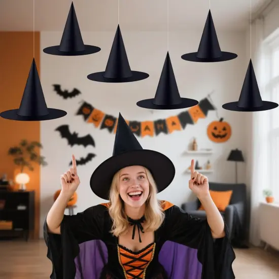 6 Pieces Halloween Medium Witch Hats with 98 Feet Hanging Rope {1}