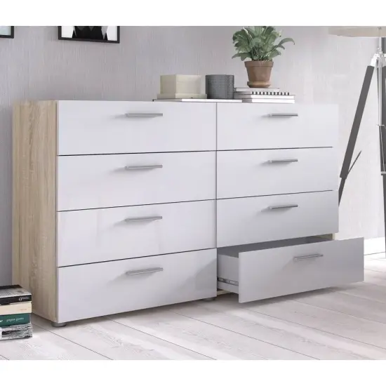 Modern 8-Drawer Double Dresser for Bedroom Storage with Metal Hardware and Foil Finish White & Oak {6}