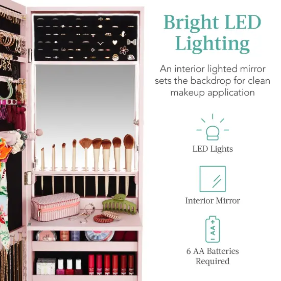 Best Choice Products Hanging Mirror Jewelry Armoire, Door or Wall Mounted Cabinet w/ LED Lights, Lock Dusty Pink {3}