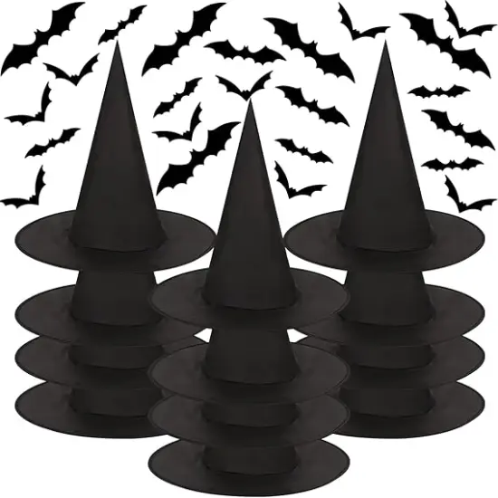 12 Pcs Halloween Witch Hats with 120 Pcs Bat Wall Stickers {1}