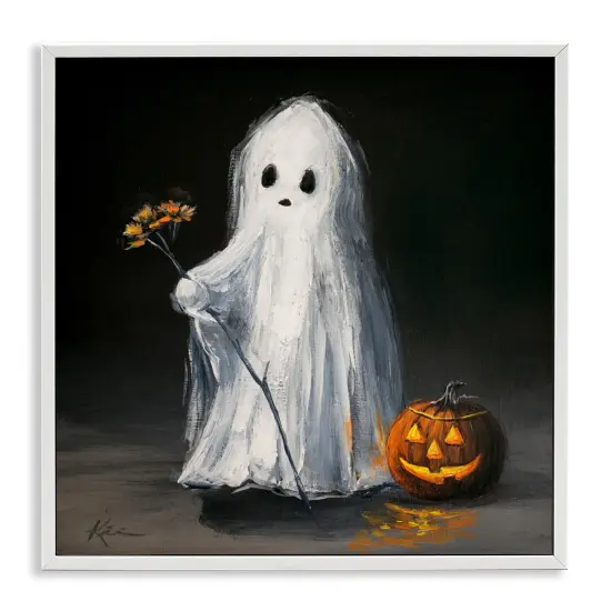 Vintage Halloween Ghost & Pumpkin Framed Giclee Art White {1}