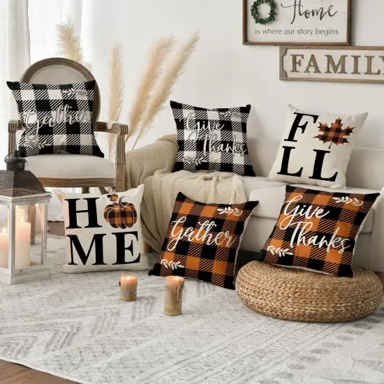 Home Fall Buffalo Check Plaid Pumpkin Maple Leaf {3}