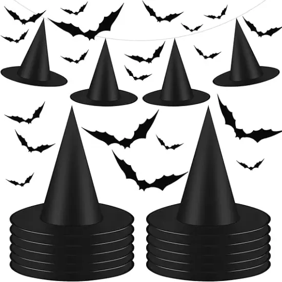 12 Halloween Black Witch Hats and 32 Bat Stickers {1}