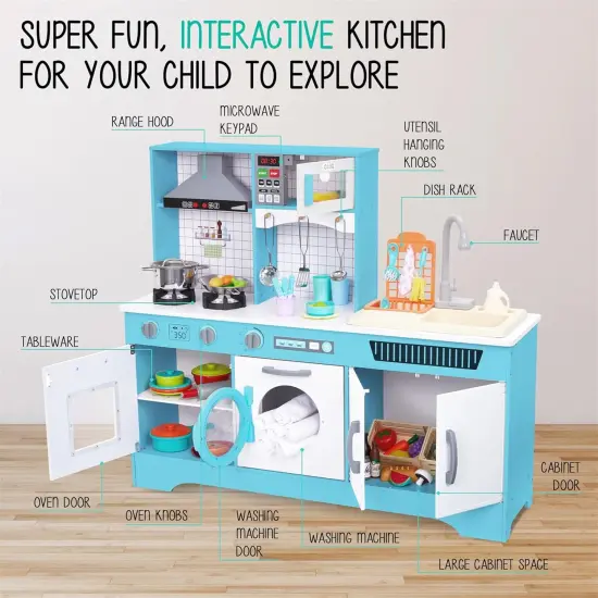 Lil' Jumbl Wooden Pretend Play Kitchen Set for Kids with Washer, Dryer, Sink, and Interactive Features Blue {2}