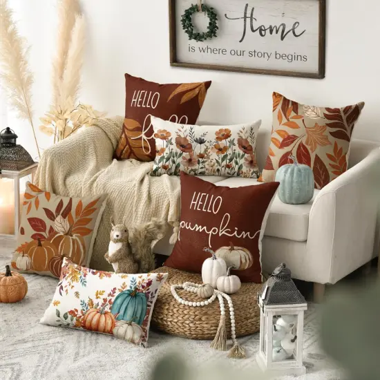 Hello Fall Pumpkin Leaves Pillow Covers {2}