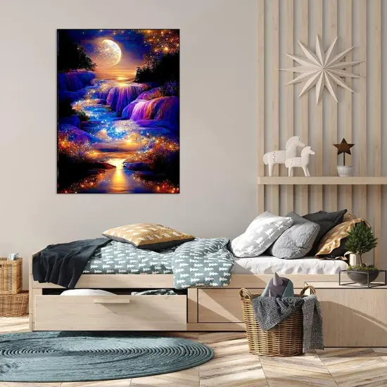 Moonlight Waterfall Stamped Cross Stitch Kits - Nature Landscape Starry Scenery Needlepoint {6}