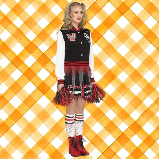 Adult Scream for the Team Costume Halloween Cheerleader Dress Varsity Jacket Skirt Ghost Face Outfit {1}