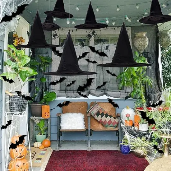 Halloween Decoration Set &ndash; 12 Witch Hats, 16 3D Bats, Spider Web, Cloth & Rope {2}