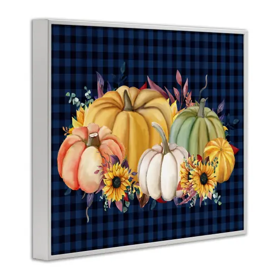 Sunflowers & Pumpkins Botanical Arrangement Blue Tartan Pattern Framed Giclee Art White {3}