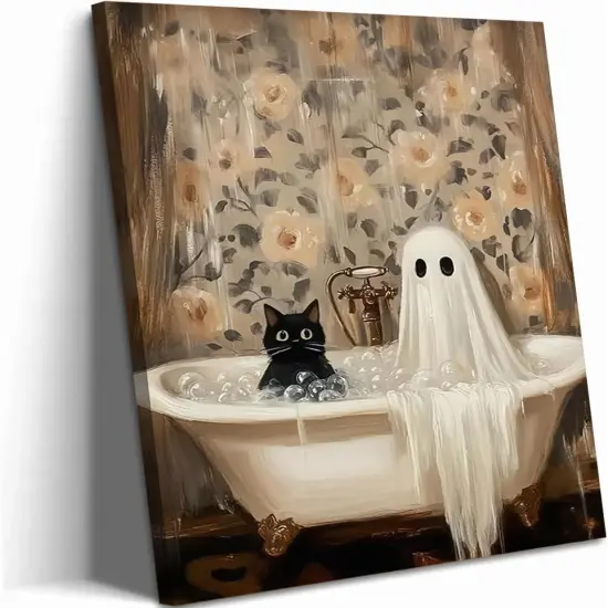 Halloween Ghost Bathroom Canvas Wall Art - 12x16 Inch Framed {1}
