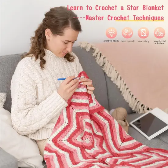 Crochet Granny Square Star Blanket Kits w/Step-by-Step Video Tutorials-Complete Beginner Crocheting Kit for Adults Kids-Easy {5}