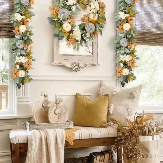 Fall Pumpkin Garland 60 Inch (5 Ft),Autumn Eucalyptus & Lambs Ear Garland {6}