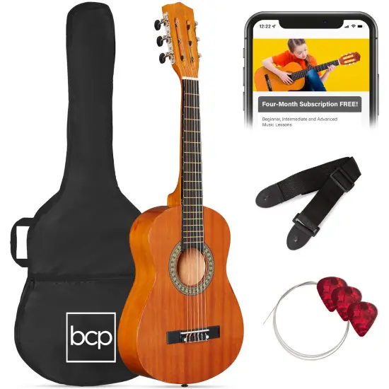Best Choice Products 30in Kids Acoustic Guitar Beginner Starter Kit with Strap, Case, Strings Natural Mahogany {1}