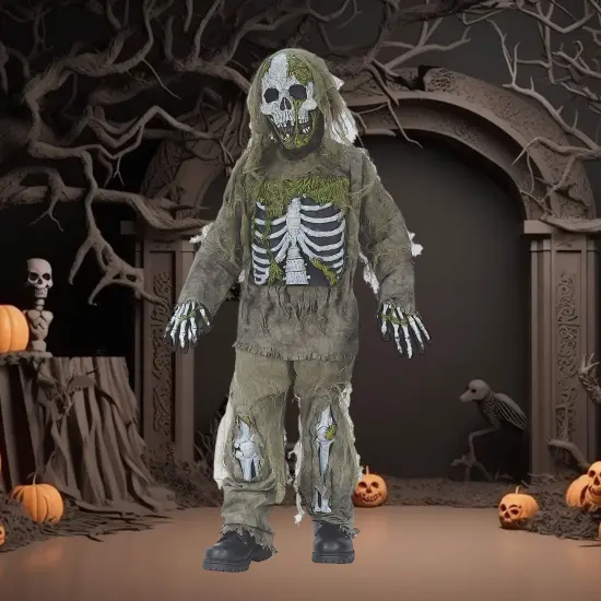Boy's Skeleton Zombie Costume Halloween Scary Undead Tattered Bones Outfit with Mask and Gloves {1}